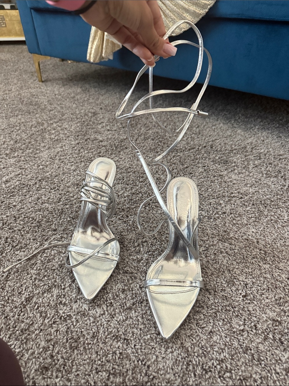Silver Strappy Pointed-Toe Lace-Up Heels